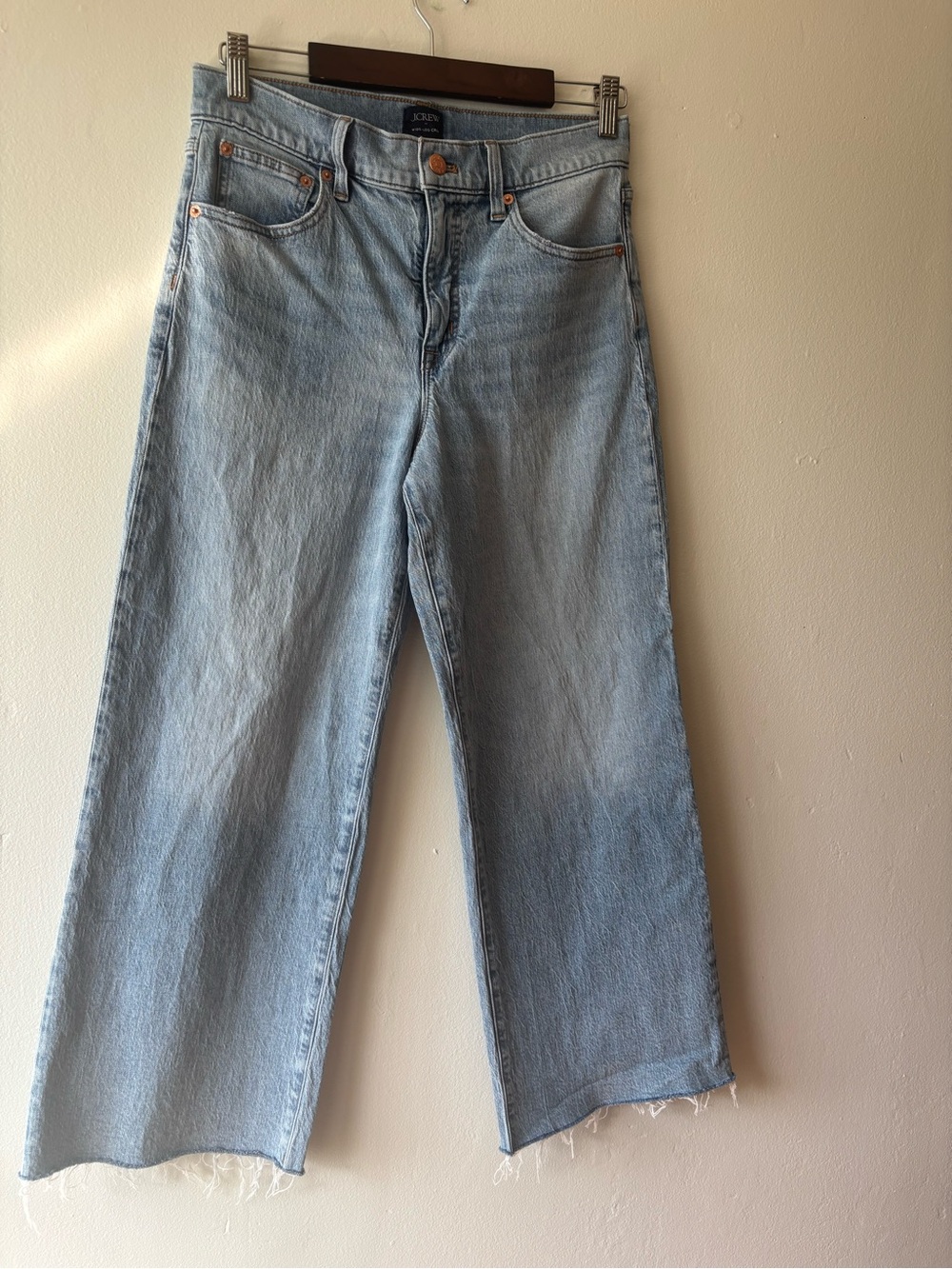 J.Crew Wide Leg Crop Jeans 27 Light Wash Raw Hem High Rise Denim